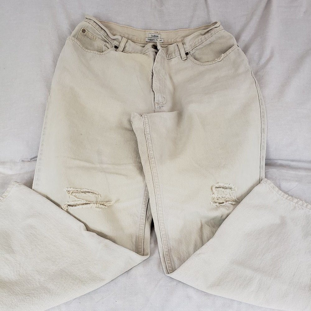 L.L.Bean Stone Washed Distressed Tan Jeans- Relaxed fit- Sz 16